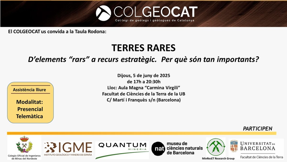 🪨 El <a href="/COLGEOCAT/">COLGEOCAT</a> organitza la taula rodona “Terres rares: d’elements ‘rars’ a recurs estratègic”, dijous 5 de juny a la <a href="/ub_info/">ユニベンチ株式会社</a>.

💬 Per què són tan importants? Vine i descobreix-ho.

ℹ️ Inscripcions: colgeocat.e-gestion.es/inscripcion-ev…

#Geologia #TerresRares #RecursosEstratègics