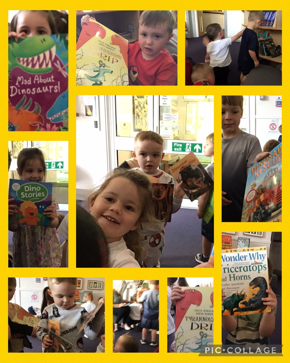 Super dino detectives in our school library this morning. We found and borrowed a book each about dinosaurs to look at and read in nursery. We talked about how special books are and how to look after them. #Overchurchlovesreading