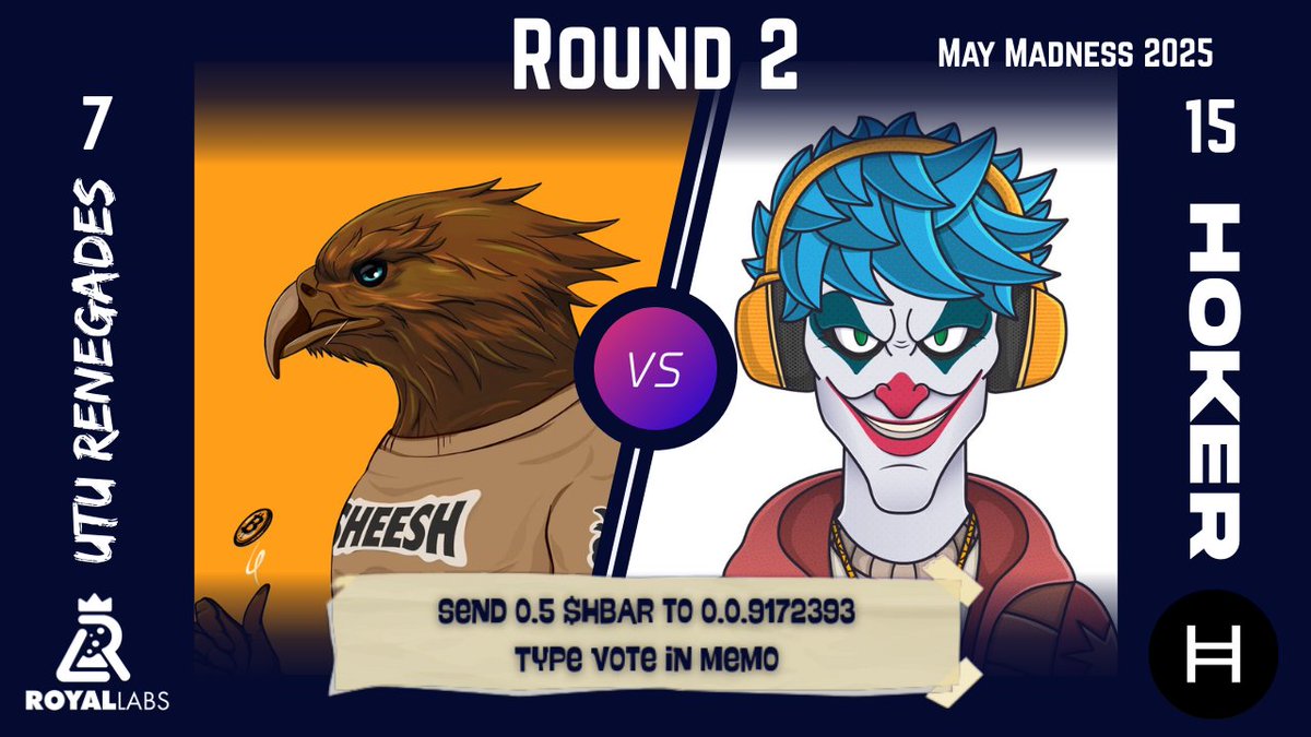 RoyalLabs (@theroyallabs) on Twitter photo MAY MADNESS ROUND 2 MATCH 16🚨
⚡️<a href="/UTURenegades/">UTU Renegades🪶</a> v <a href="/hokerhbar/">Hoker Hbar</a>⚡️
How to vote 👇
Send 0.5 $HBAR to 0.0.9172393 with a memo including one of the following votes:
➡️utu2 or hoker2⬅️
You have 48 hours, project with the most votes move on to round 3! MAY MADNESS ROUND 2 MATCH 16🚨
⚡️<a href="/UTURenegades/">UTU Renegades🪶</a> v <a href="/hokerhbar/">Hoker Hbar</a>⚡️
How to vote 👇
Send 0.5 $HBAR to 0.0.9172393 with a memo including one of the following votes:
➡️utu2 or hoker2⬅️
You have 48 hours, project with the most votes move on to round 3!