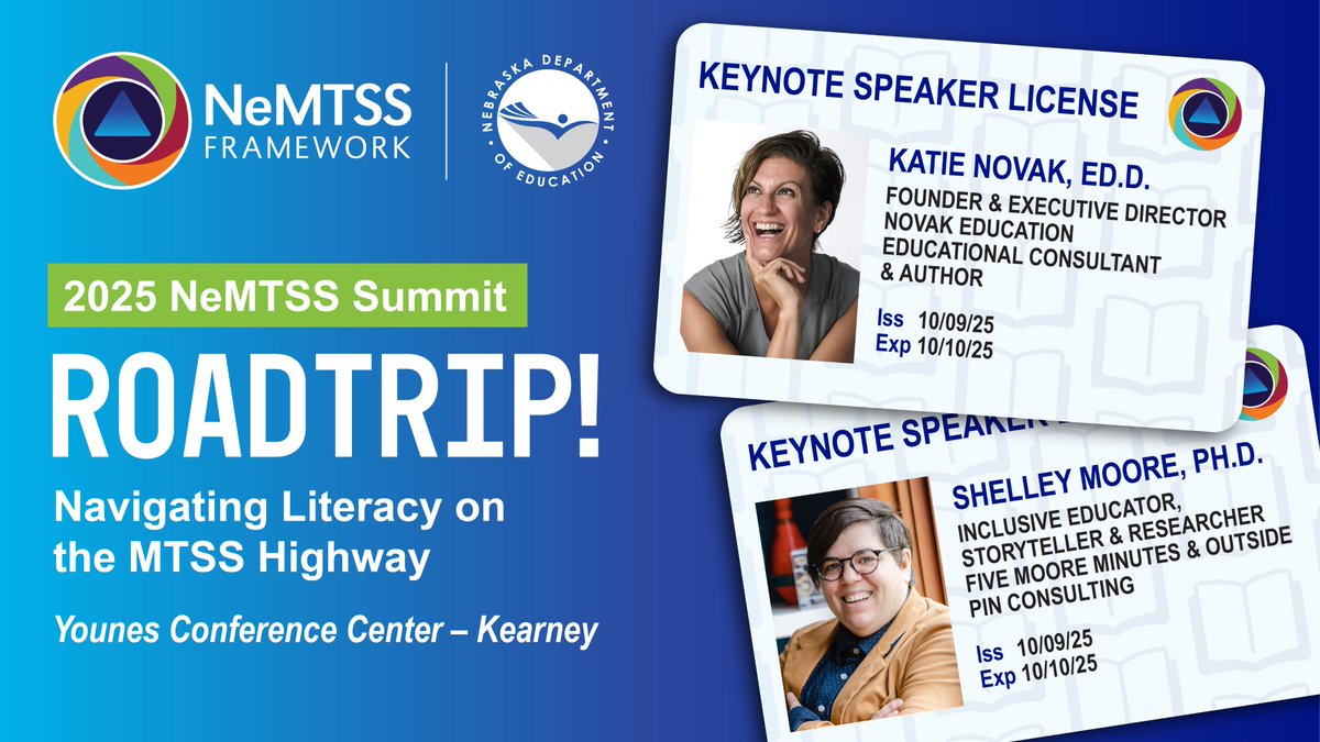 These literacy leaders have a license to drive as our #NeMTSS25 Summit keynote speakers! 🚦

• Shelley Moore, Ph.D. 🚗
• Katie Novak, Ed.D. 🚙

⛽️ Read their bios &amp; register now for "Road Trip! Navigating Literacy on the MTSS Highway!" nemtss.unl.edu/2025-summit