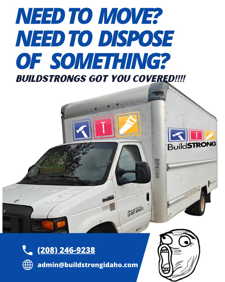 BuildSTRONG_ID's tweet photo. Hey, need help moving or getting rid of something? BuildSTRONG's is here for you! Give us a call at (208) 246-9238 or shoot an email to admin@buildstrongidaho.com. We’d love to lend a hand and make it easy for you! 💪 #Moving #Disposal #BuildSTRONG #IdahoServices https://t.co/Uqu5B50ezu