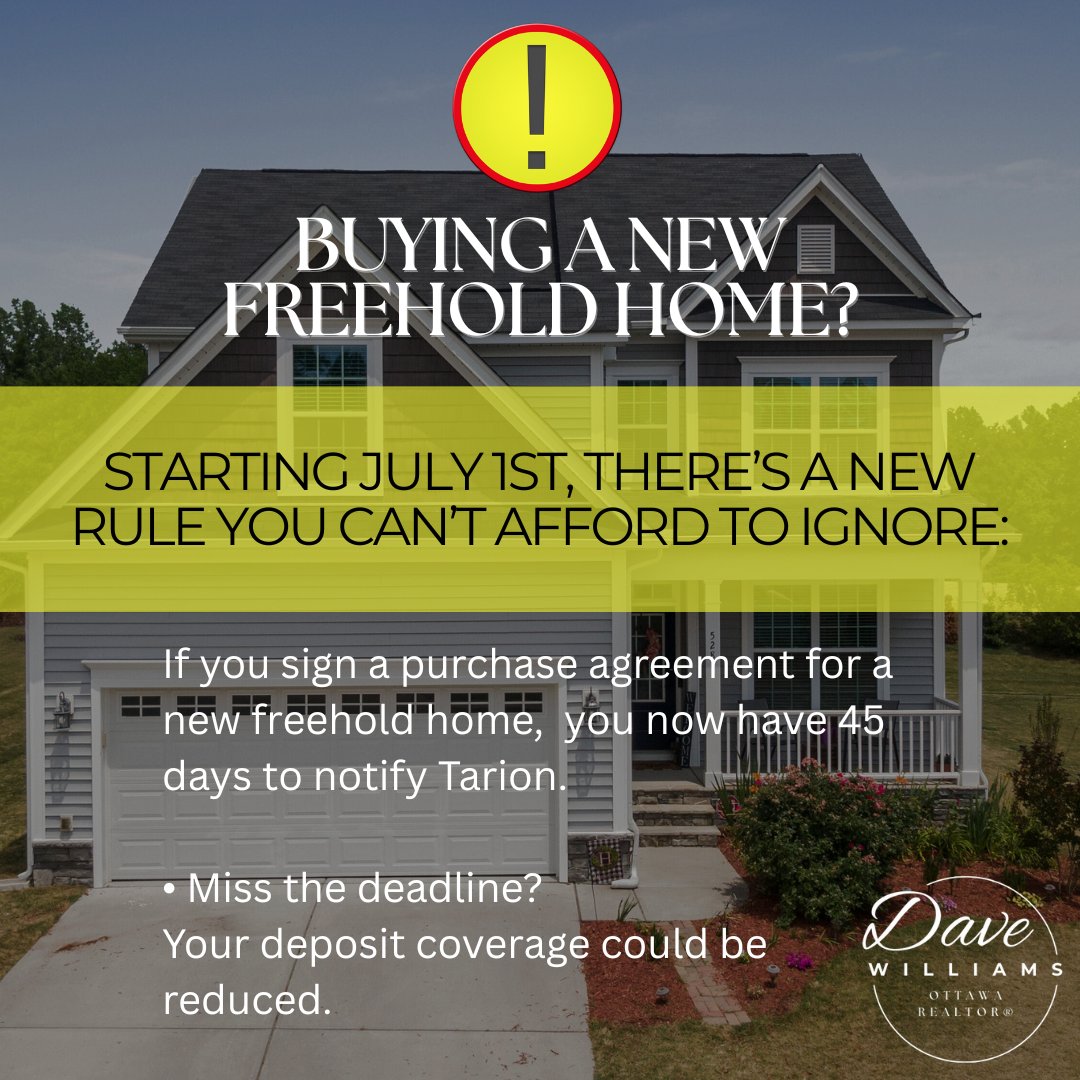 Heads-up, Ontario homebuyers! 🏡

New Tarion rule kicks in July 1st

▶️ Buy a new freehold home?
You have 45 days to notify Tarion.
❗️If not, you could lose part of your deposit protection.

#OnPoli #HomeBuying #Tarion