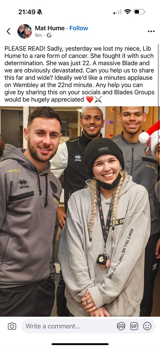 Brett Gregory (@brett81gregory) on Twitter photo Blades let’s get the word around and make this happen. Libby was such an inspiration ❤️⚔️ #TwitterBlades #SUFC #SAFC <a href="/HalTheBlade/">Hal - Sheff United Way ⚔️</a> <a href="/4BladesInThePub/">Four Blades In The Pub</a> <a href="/tufty_club/">The Tufty Club</a> <a href="/bladespod/">BladesPod</a> <a href="/CalOhare/">Callum O’Hare</a> <a href="/Oliverarblaster/">Oliver Arblaster</a> <a href="/Sydiepeck8/">Sydie Peck</a> <a href="/FemiSeriki2/">Femi Seriki</a> <a href="/RhianBrewster9/">Rhian Brewster</a> <a href="/alfie_gilchrist/">Alfie Gilchrist</a> <a href="/dannyhall04/">Danny Hall</a> <a href="/SportGids1/">Andy Giddings</a> Blades let’s get the word around and make this happen. Libby was such an inspiration ❤️⚔️ #TwitterBlades #SUFC #SAFC <a href="/HalTheBlade/">Hal - Sheff United Way ⚔️</a> <a href="/4BladesInThePub/">Four Blades In The Pub</a> <a href="/tufty_club/">The Tufty Club</a> <a href="/bladespod/">BladesPod</a> <a href="/CalOhare/">Callum O’Hare</a> <a href="/Oliverarblaster/">Oliver Arblaster</a> <a href="/Sydiepeck8/">Sydie Peck</a> <a href="/FemiSeriki2/">Femi Seriki</a> <a href="/RhianBrewster9/">Rhian Brewster</a> <a href="/alfie_gilchrist/">Alfie Gilchrist</a> <a href="/dannyhall04/">Danny Hall</a> <a href="/SportGids1/">Andy Giddings</a>