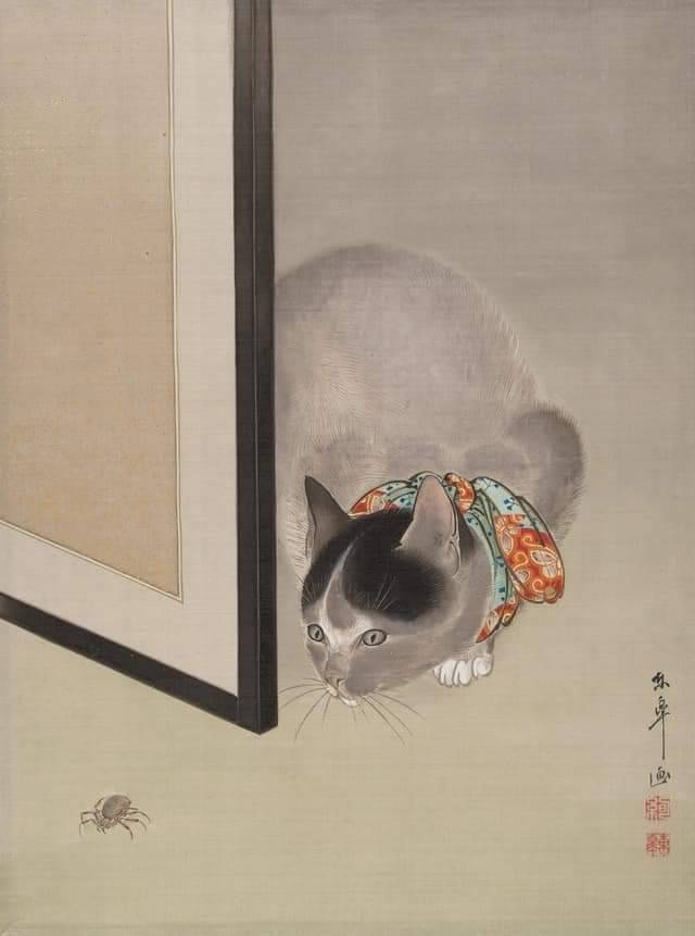 Cat Watching a Spider by Ōide Tōkō, Japanese, 1888-1892, ink and colors on silk.
