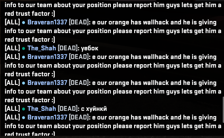 I love <a href="/CounterStrike/">CS2</a> 
just trying to do my train mission and this guy was cheating and kept spamming this in chat (i'm e)