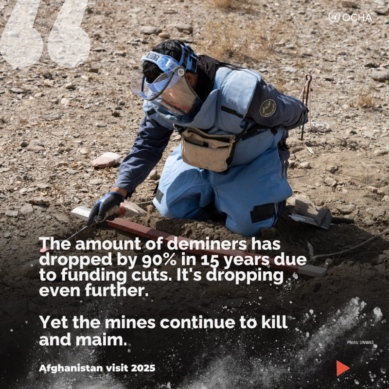 UNOCHA's tweet photo. Mines continue to destroy lives during conflict – and after.

Due to funding cuts, demining work has declined in Afghanistan. From almost 300 teams a month working to clear explosive hazards, to only 176 in April this year.

@UNReliefChief's message from Afghanistan.👇