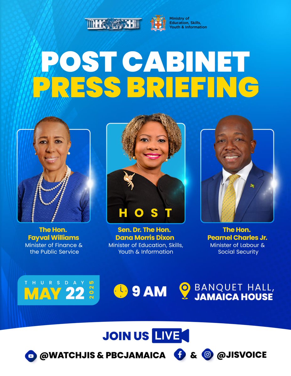 JISNews (@jisnews) on Twitter photo Post-cab is back on the schedule with updates from Hon. Minister Fayval Williams (<a href="/fayvalwilliams/">Hon. Fayval Williams🇯🇲</a>) and Hon. Minister Pearnel Charles Jr. (<a href="/pcharlesjr/">Pearnel P. Charles Jr. 🇯🇲</a>)!
Start your day with our livestream on IG, FB, and YouTube this Thursday @ 9 am!
Stand by for our #JISPostCabinetHighlights for Post-cab is back on the schedule with updates from Hon. Minister Fayval Williams (<a href="/fayvalwilliams/">Hon. Fayval Williams🇯🇲</a>) and Hon. Minister Pearnel Charles Jr. (<a href="/pcharlesjr/">Pearnel P. Charles Jr. 🇯🇲</a>)!
Start your day with our livestream on IG, FB, and YouTube this Thursday @ 9 am!
Stand by for our #JISPostCabinetHighlights for