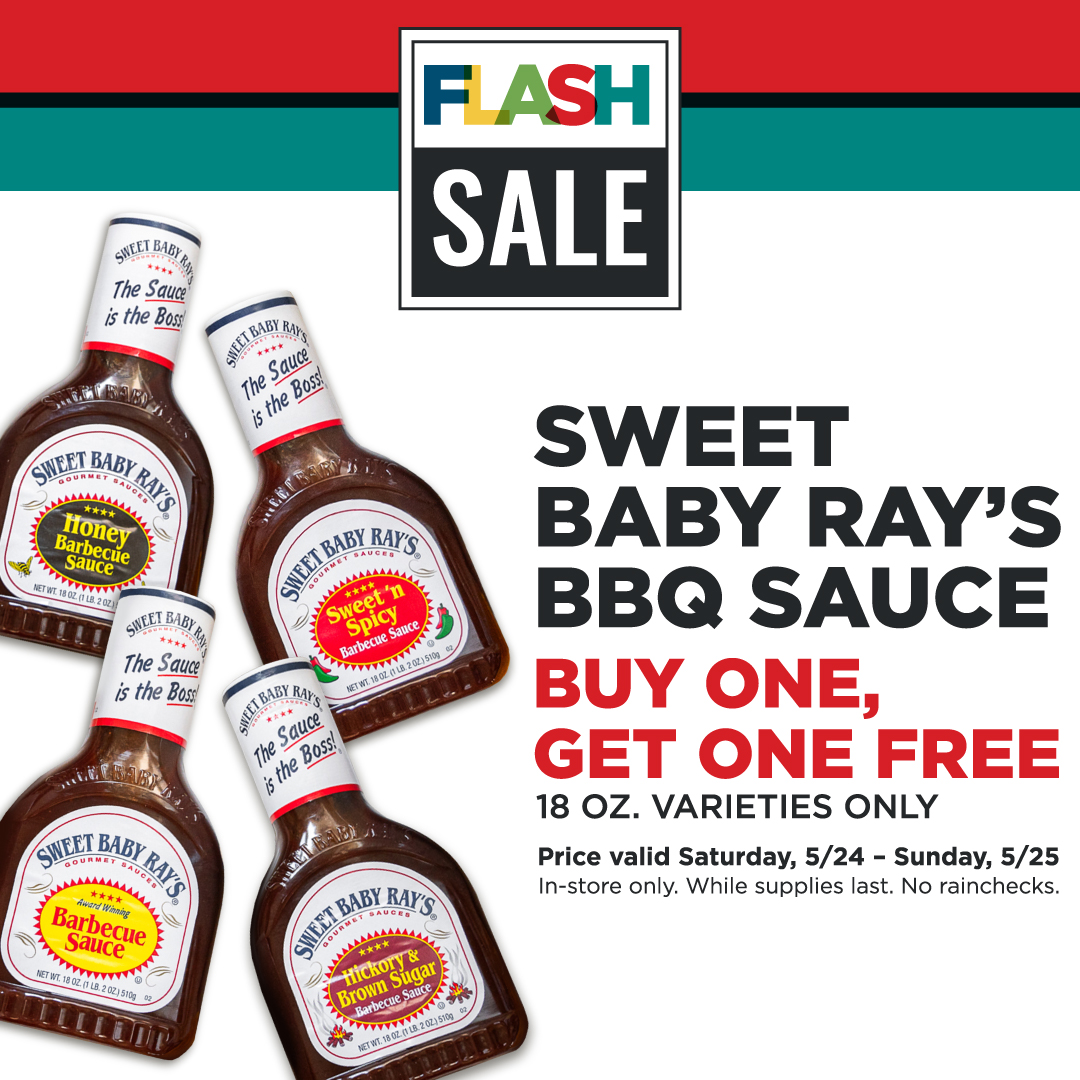 🚨 Head to Heinen's this weekend for a Flash Sale on 18 oz. bottles of Sweet Baby Ray's BBQ Sauce! 🍯🔥

Valid in-store, May 24-25, 2025, while supplies last. See store for details.