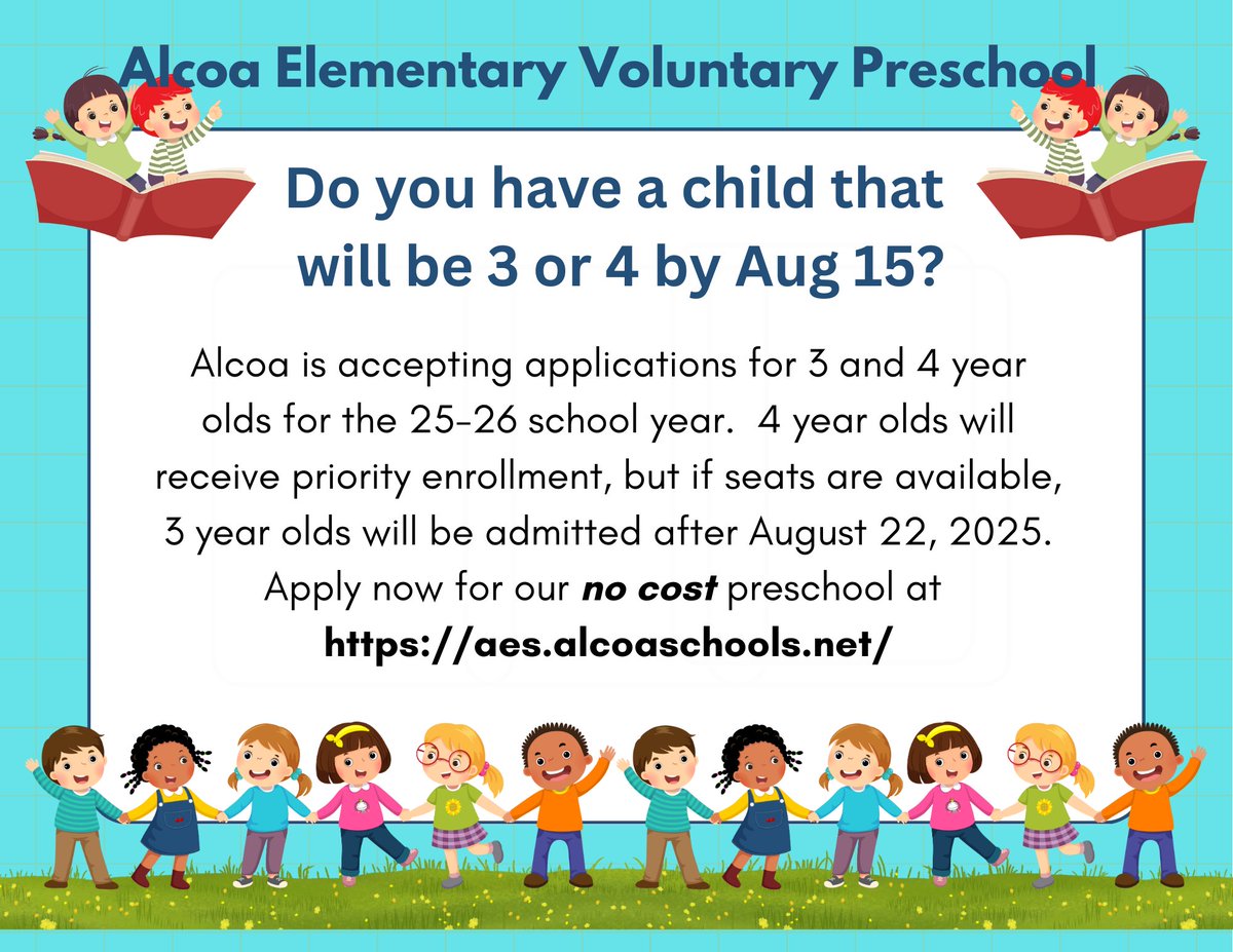 Do you have a child that will be 3 or 4 by August 15th? We are currenlty accepting applications for 3 &amp; 4 year olds for the 25-26 school year. Apply now for NO COST preschool at: aes.alcoaschools.net