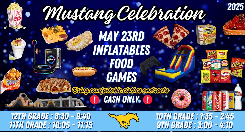 🎉🐴 MUSTANG CELEBRATION IS ALMOST HERE! 🐴🎉
Get ready for a day full of inflatables, games, food, music, and all-out Mustang fun! 🎮🎤🍕🎈
📅 This  Friday – May 23rd
🧦 Wear comfortable clothes and socks
#1PRIDE