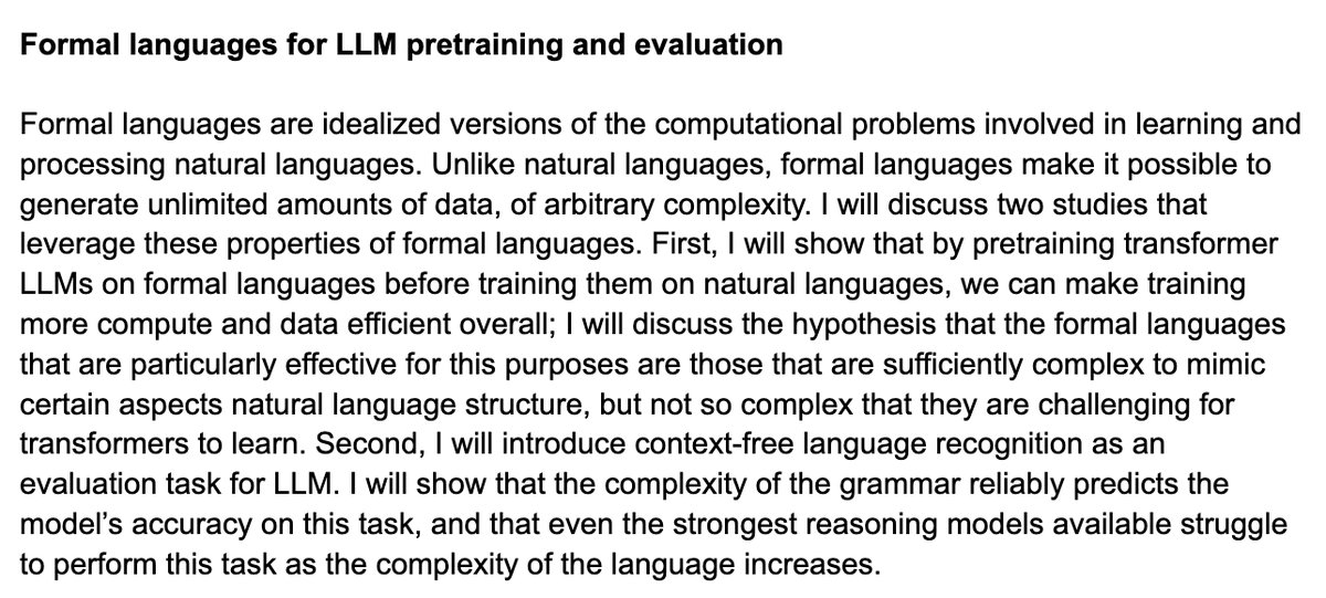 Equally looking forward to talking about formal languages for LLM pretraining and evaluation at Apple ML Research in Copenhagen next week: