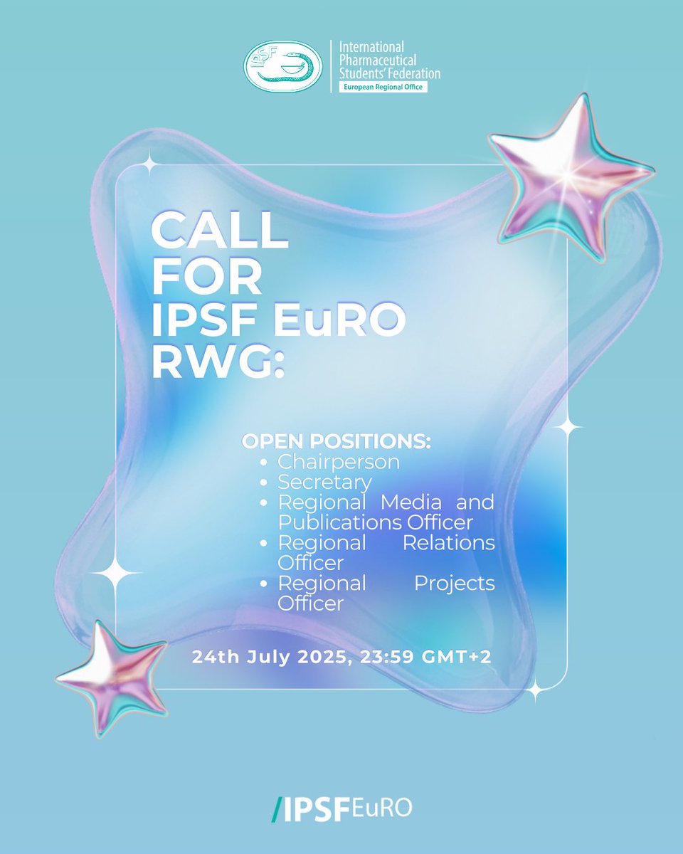 Do you want to be part of an international and dynamic team?

The call to be part of the next IPSF EuRO RWG (2025/26) is officially open ✨

Apply before July 24th, 23h59 GMT+2 and make a real difference in pharmacy and health world!

🔗drive.google.com/file/d/1VQgqh3…