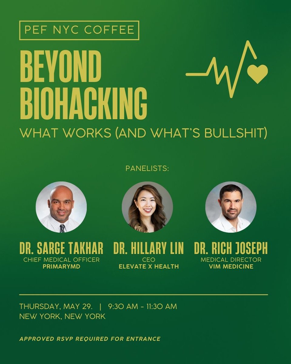 Excited to join Dr. Sarge Takhar (Harvard/UCSF) &amp; Dr. Rich Joseph (Stanford/Harvard) at PEF NYC’s “Beyond Biohacking” panel on May 29! We’ll cut through the wellness noise with real, evidence-based insights. ☕️ Starts 9:30am near Grand Central. Link in bio! #BeyondBiohacking