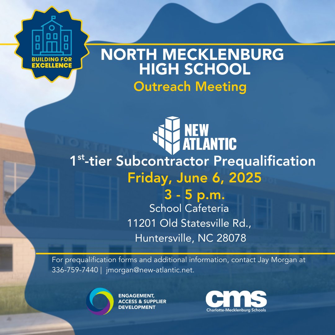 CMS Supplier Development (@cmsmwsbe) on Twitter photo Trade contractors are invited to an Outreach Meeting on June 4 at <a href="/NorthMeck_CMS/">North Mecklenburg HS</a> to learn about the first-tier subcontractor prequalification process for the construction project, which includes over 300,000 square feet of new facilities. <a href="/CharMeckSchools/">Charlotte-Mecklenburg Schools</a>
cmsbondconstruction.com/projects/north… Trade contractors are invited to an Outreach Meeting on June 4 at <a href="/NorthMeck_CMS/">North Mecklenburg HS</a> to learn about the first-tier subcontractor prequalification process for the construction project, which includes over 300,000 square feet of new facilities. <a href="/CharMeckSchools/">Charlotte-Mecklenburg Schools</a>
cmsbondconstruction.com/projects/north…