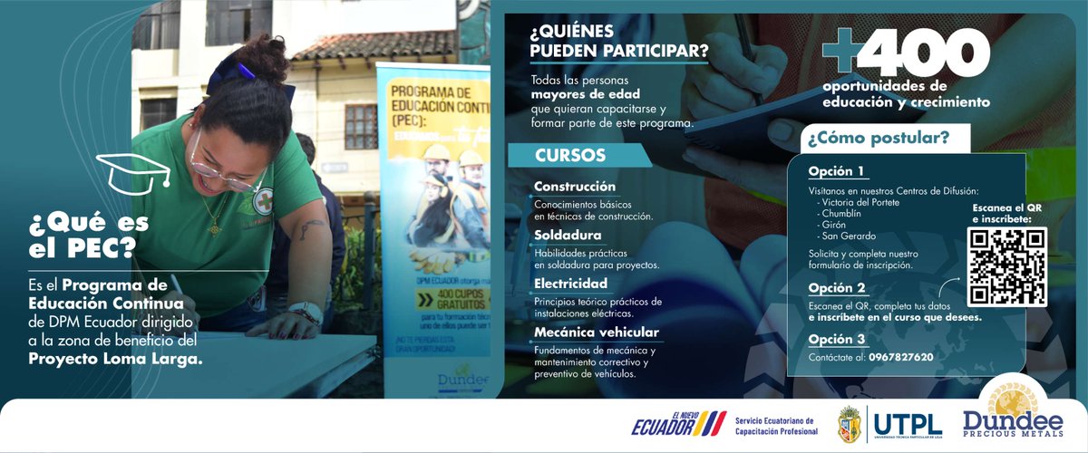 ¡Forma parte de un proceso de Educación para tu futuro!
Todavía queda tiempo. Únete al Programa de Educación Continua de Dundee (PEC) con el aval de la UTPL y el Servicio Ecuatoriano de Capacitación Profesional SECAP.
Inscríbete hasta el 1 de junio 👉 forms.office.com/r/bhGeHUZujv