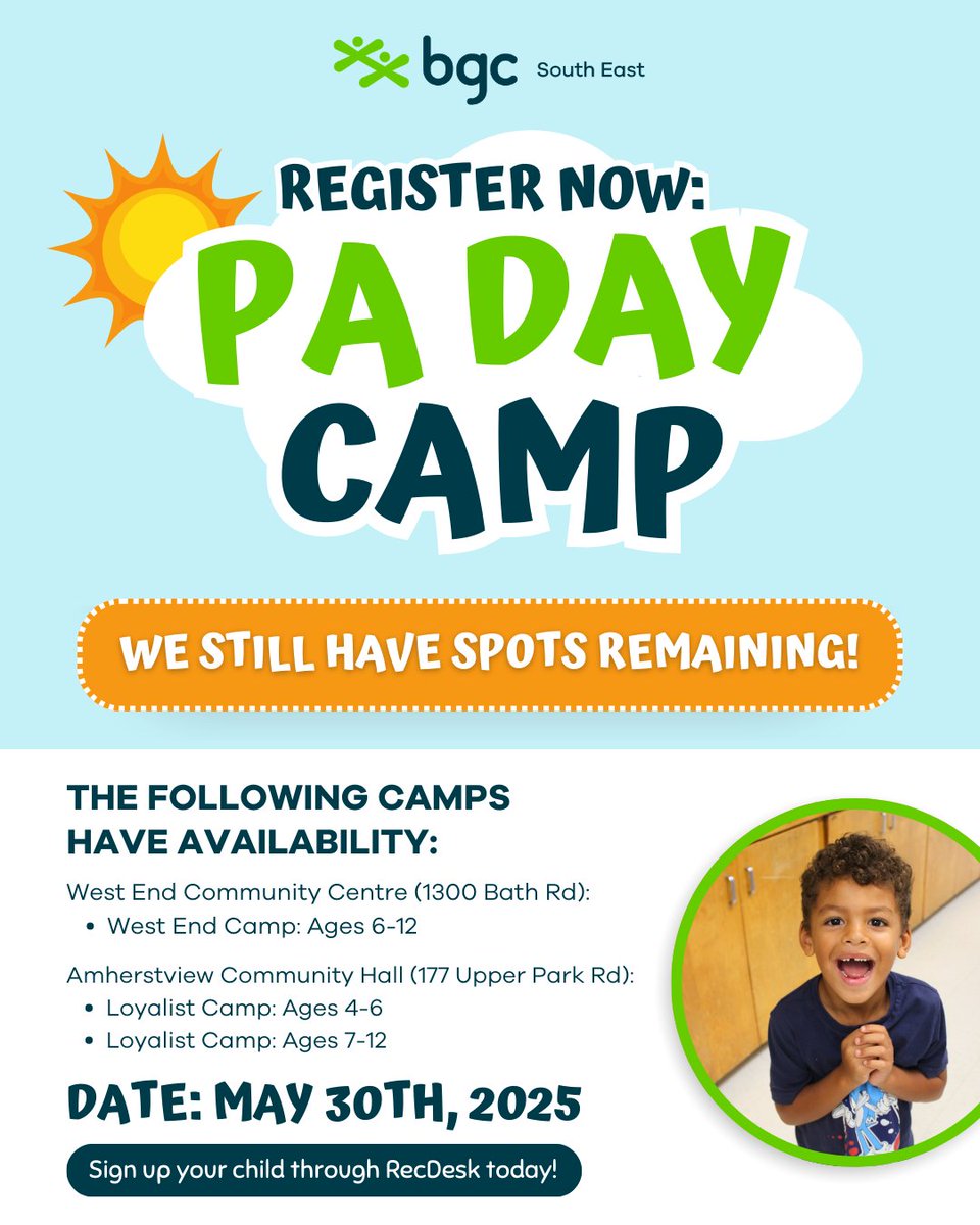 We have limited spaces left for next Friday’s PA Day Camp at our West End Community Centre and Amherstview Community Hall locations!

🎉 Join us for a full day of exciting activities planned by our dedicated staff. Secure your child’s spot now on RecDesk: bgcka.recdesk.com/Community/Prog…