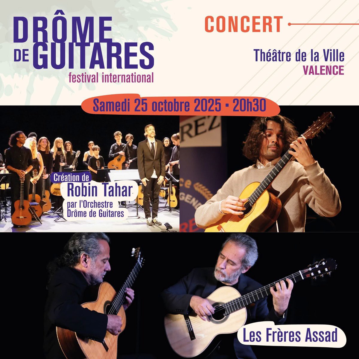 Pour la 6ème soirée du Festival international Drôme de Guitares, au Théâtre de la ville de Valence, nous accueillerons le célèbre duo brésilien des Frères ASSAD. Sergio et Odair fêtent en ce moment leurs 60 ans de scènes partagées.
1re partie : création orchestrale de Robin Tahar