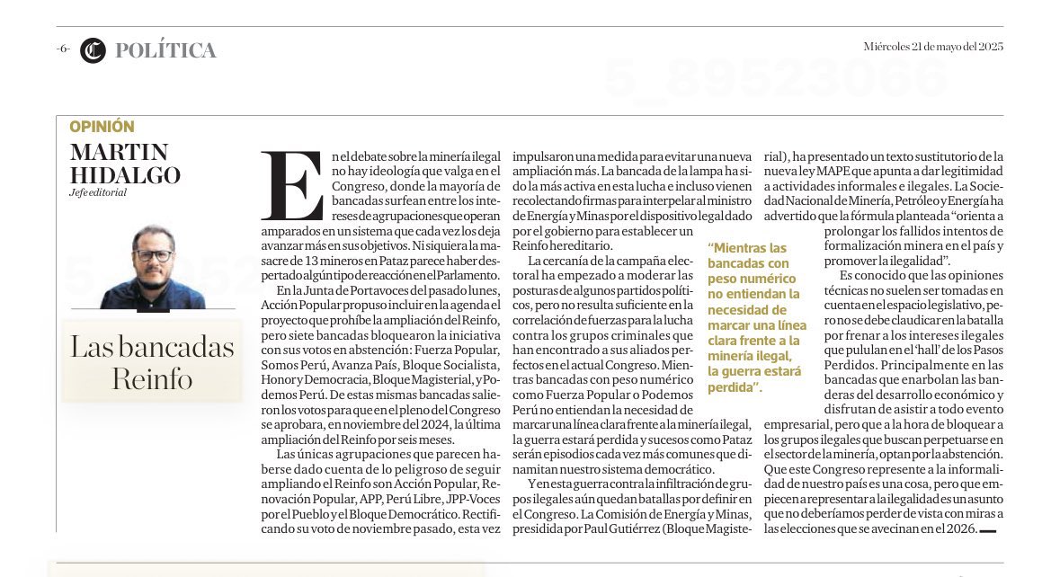 Interesante y objetivo artículo de <a href="/martinhidalgo/">Martin Hidalgo</a> en <a href="/Politica_ECpe/">Política El Comercio</a>.
<a href="/AccionPopular/">Partido Político Acción Popular</a> mantendrá su postura de NO dar tregua a la “minería ilegal”, y solicitamos a la Junta de Portavoces se agende nuestro PL que prohíbe la ampliación del “REINFO”. Vamos a ver de qué lado están las