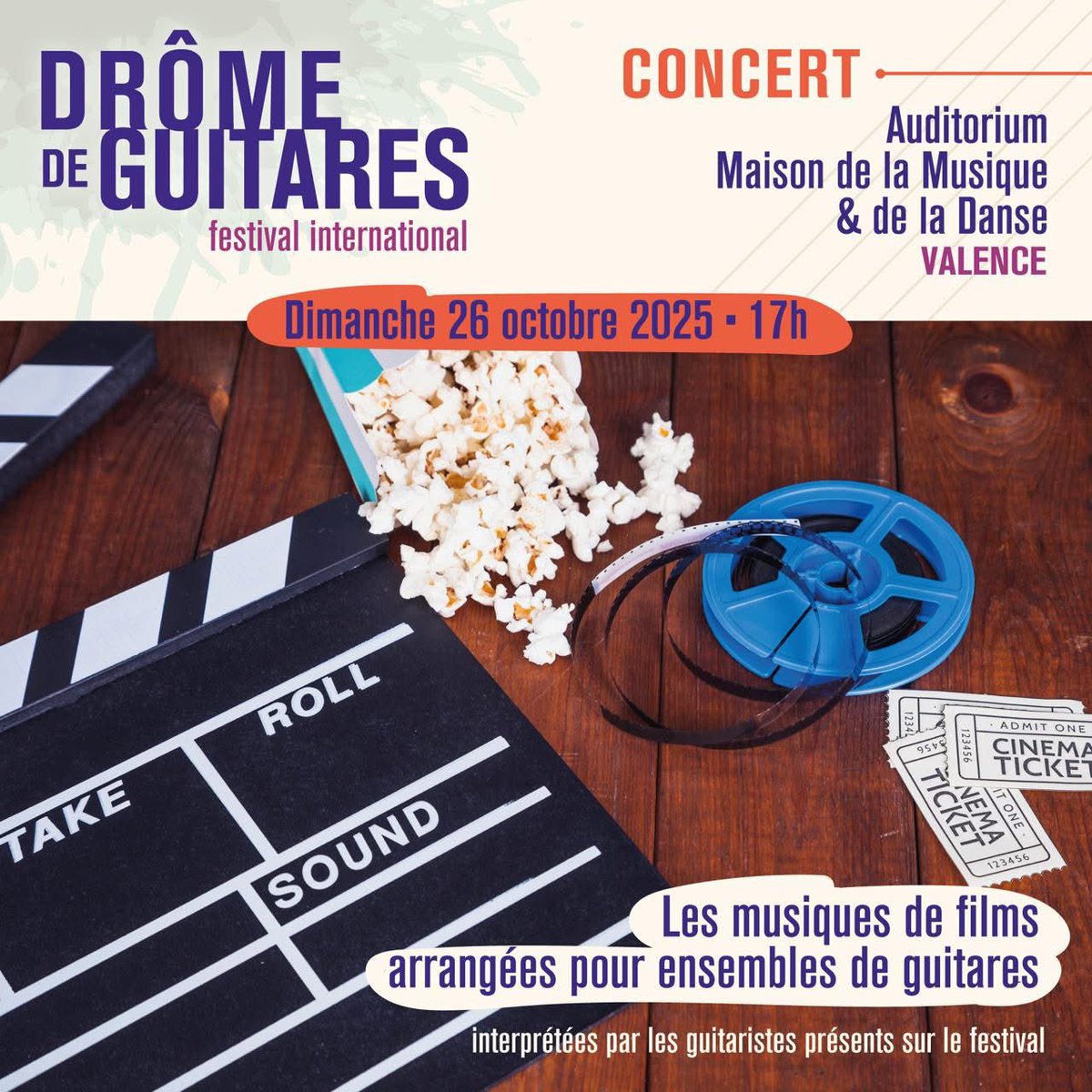 Le concert de clôture de la 9ème édition du Festival International Drôme de Guitares associera, comme ces dernières années, différents guitaristes présents sur le festival sur une thématique.

Cette année, nous vous proposons "les musiques de films arrangées pour la guitare »