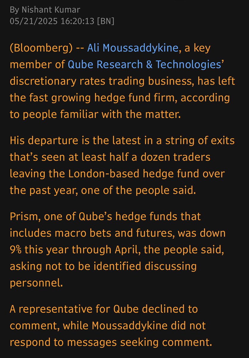 Hedge Fund Qube’s Rates Trading Specialist Ali Moussaddykine Departs