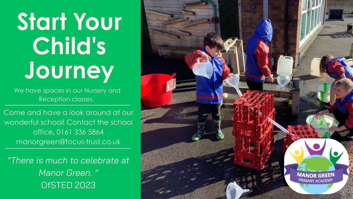Miss C Ballance (@ballancemiss) on Twitter photo Looking for a nursery or reception place for September?
We would be delighted to welcome you to <a href="/TeamManorGreen/">Manor Green Primary #ReadyRespectfulSafe</a>. Feel free to arrange a visit to explore our facilities and meet our team. Simply contact the school office to book a convenient time.
<a href="/FocusTrust1/">Focus Trust</a> Looking for a nursery or reception place for September?
We would be delighted to welcome you to <a href="/TeamManorGreen/">Manor Green Primary #ReadyRespectfulSafe</a>. Feel free to arrange a visit to explore our facilities and meet our team. Simply contact the school office to book a convenient time.
<a href="/FocusTrust1/">Focus Trust</a>