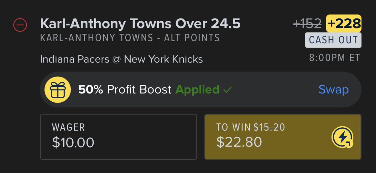 FanDuel - NBA KAT 50% Profit Boost
Karl-Anthony Towns o24.5 Points +152 ➡️ +228

EV: 20.4%
QK: 2.24u

🔗 account.sportsbook.fanduel.com/sportsbook/add…

FD really needs to change the format and verbiage on this boost. The boost is good either way but the over is almost twice the EV. I’m in for my $10