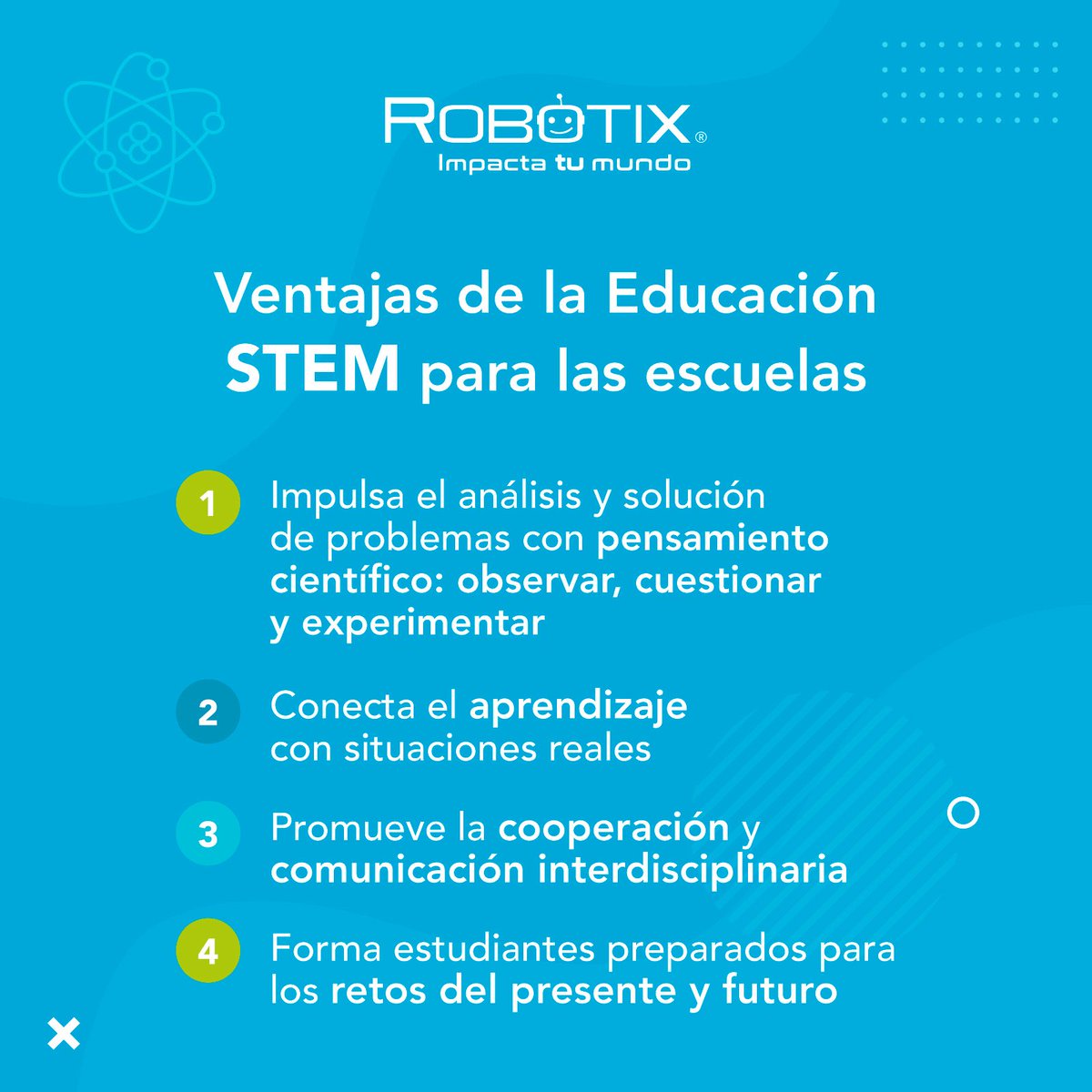 SoyRobotiX's tweet image. 🔬 Enseñar STEM es preparar a niñas y niños para enfrentar los retos del mundo real. Ciencia, tecnología, ingeniería y matemáticas se integran para desarrollar creatividad, pensamiento crítico y habilidades para resolver problemas. 💡

#STEM #RobotiX #EducaciónDelFuturo