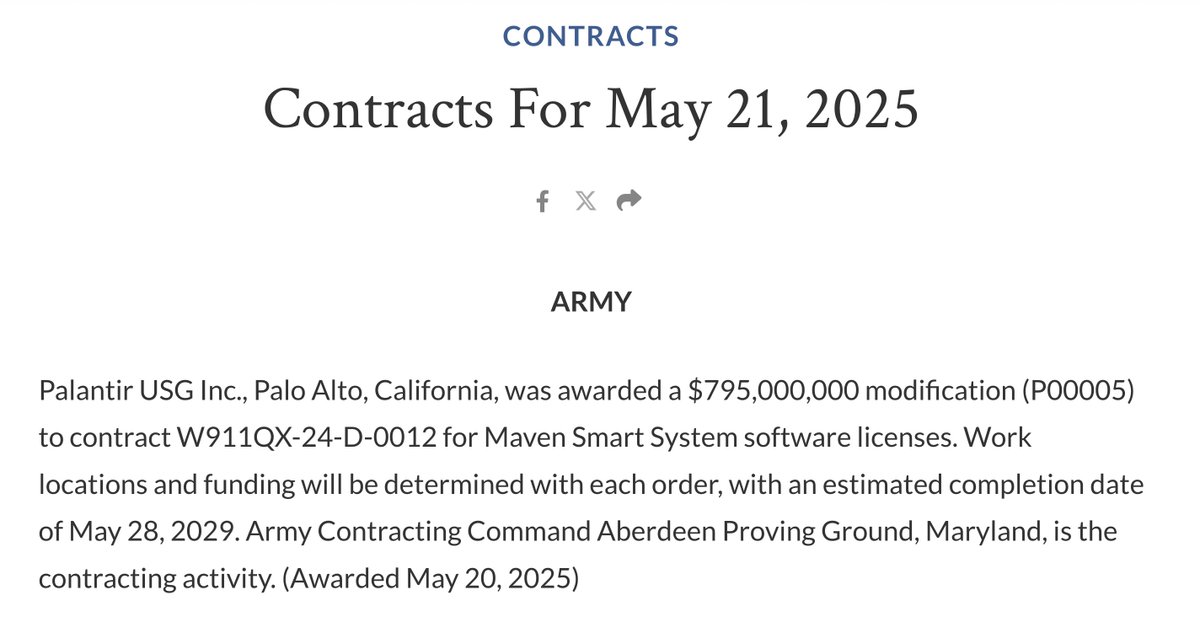 $PLTR

BREAKING: Palantir has been awarded a $795M contract with the US Army for their Maven Smart System. The contract runs until 2029.

Project Maven is a Department of Defense AI initiative for data fusion and target identification.

Palantir's US government revenue grew 45%