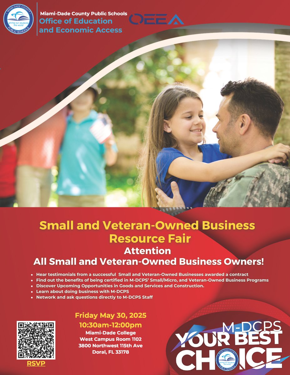 Join Miami-Dade County Public Schools for a special event to learn how to do business with the district, connect with leaders, and grow your veteran-owned business. Scan the QR Code or click the link eventbrite.com/e/small-and-ve…
