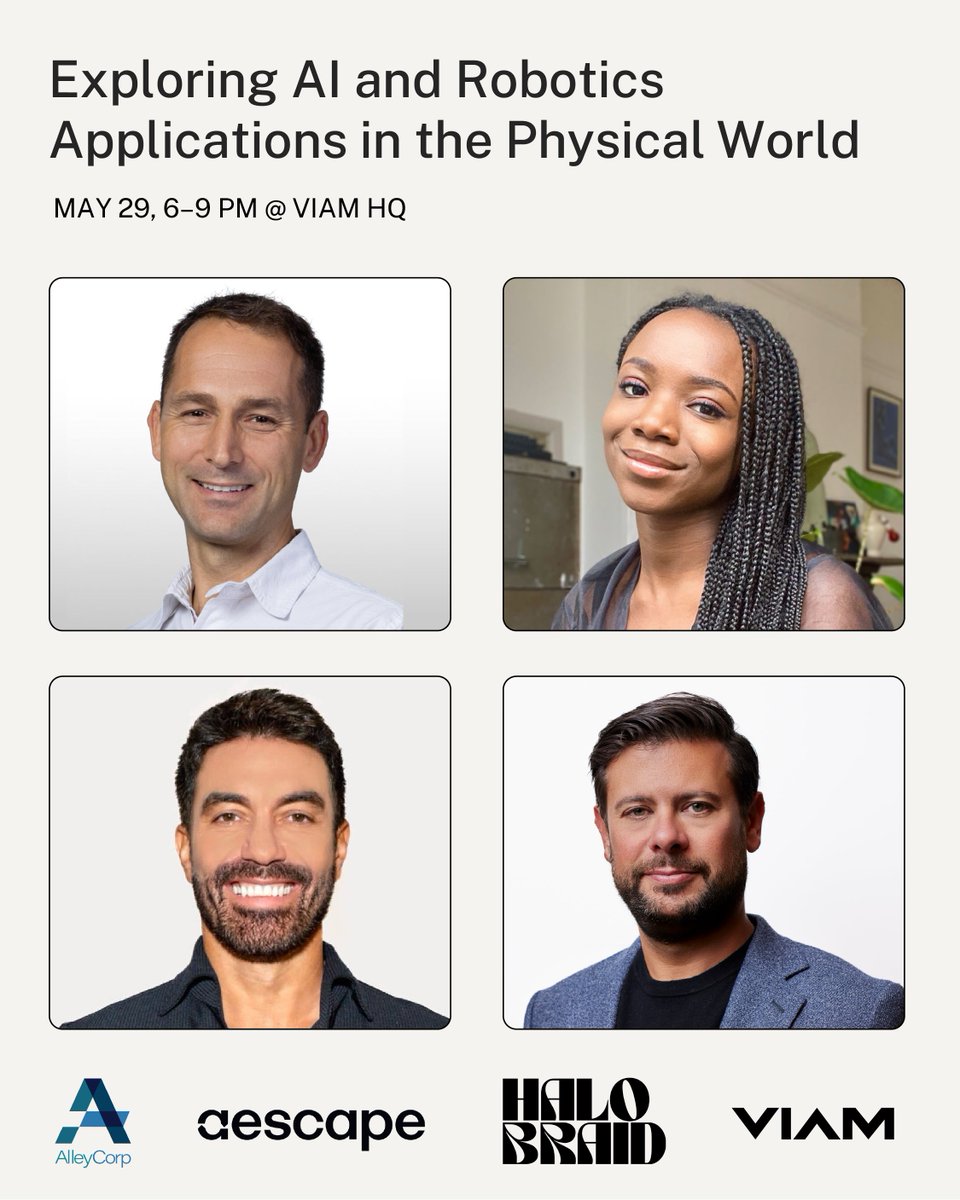 Viam (@viamrobotics) on Twitter photo Join us 5/29 at the Viam HQ for a panel discussion featuring our Founder and CEO @EliotHorowitz alongside <a href="/abemurray/">Abe Murray</a>, General Partner at <a href="/AlleyCorp/">Alley Corpuz</a>, Yinka Ogunbiyi, Founder and CEO of Halo Braid and @EricLitman, Founder and CEO of @Aescape.
Register here:
lu.ma/4ktnmru0 Join us 5/29 at the Viam HQ for a panel discussion featuring our Founder and CEO @EliotHorowitz alongside <a href="/abemurray/">Abe Murray</a>, General Partner at <a href="/AlleyCorp/">Alley Corpuz</a>, Yinka Ogunbiyi, Founder and CEO of Halo Braid and @EricLitman, Founder and CEO of @Aescape.
Register here:
lu.ma/4ktnmru0