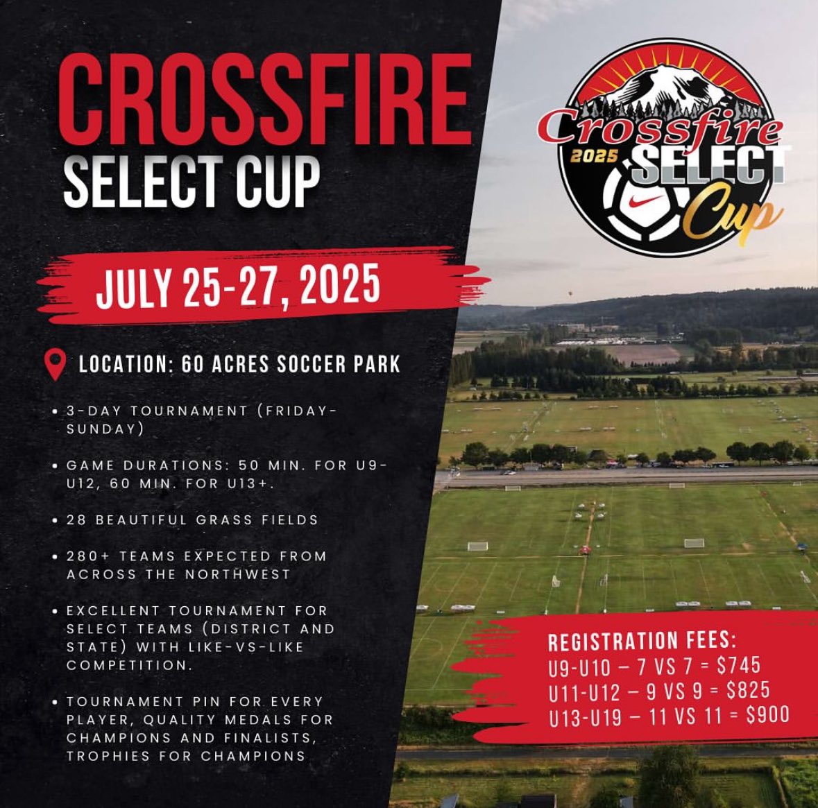 CrossfireSelect's tweet image. PLAY UP TO IT! 
📅 July 25–27, 2025
📍 60 Acres Soccer Park
• 3-day tournament (Friday–Sunday)
• 50-min games for U9–U12, 60-min for U13+
• 28 beautiful grass fields
• 280 teams expected from the state of washington, california, and canada.

• Competitive select-level play
