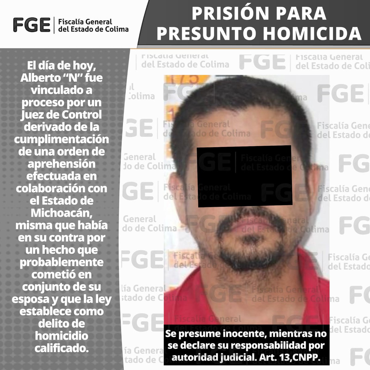 Prisión para presunto homicida

+ En coautoría con su esposa, presuntamente privaron de la vida a dos personas en Manzanillo

+ Fue detenido en el Estado de Michoacán por elementos de esa entidad

Más información en el siguiente enlace: fgecolima.mx/fge_boletines_…