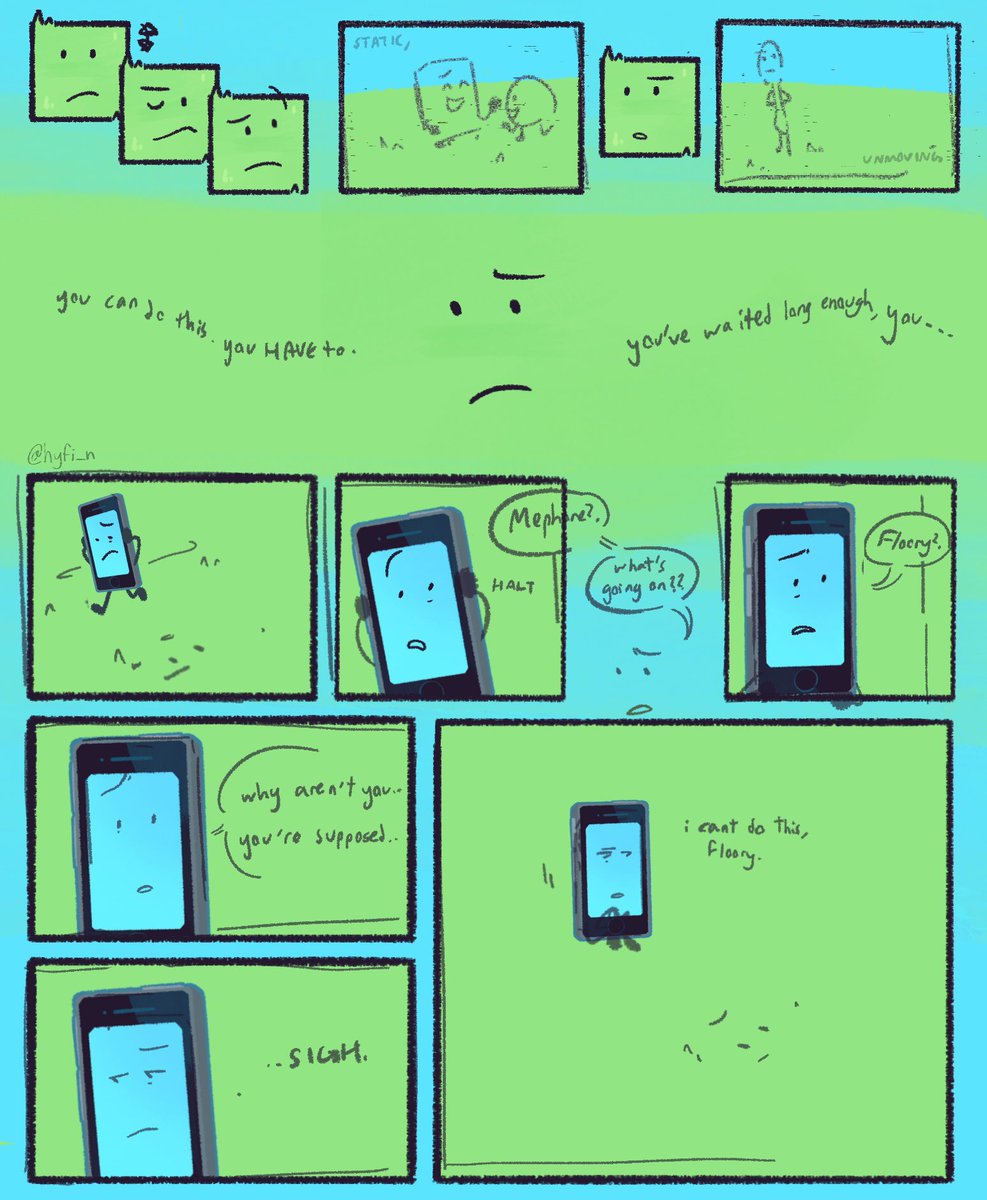 looking through my old art and found a page of an unfinished comic from NOVEMBER, part of some pre s3 finale scenario where mephone paused time to avoid ending the season
i have the entire dialogue written too already maybe i should finish it?? or start over or smth
#ii