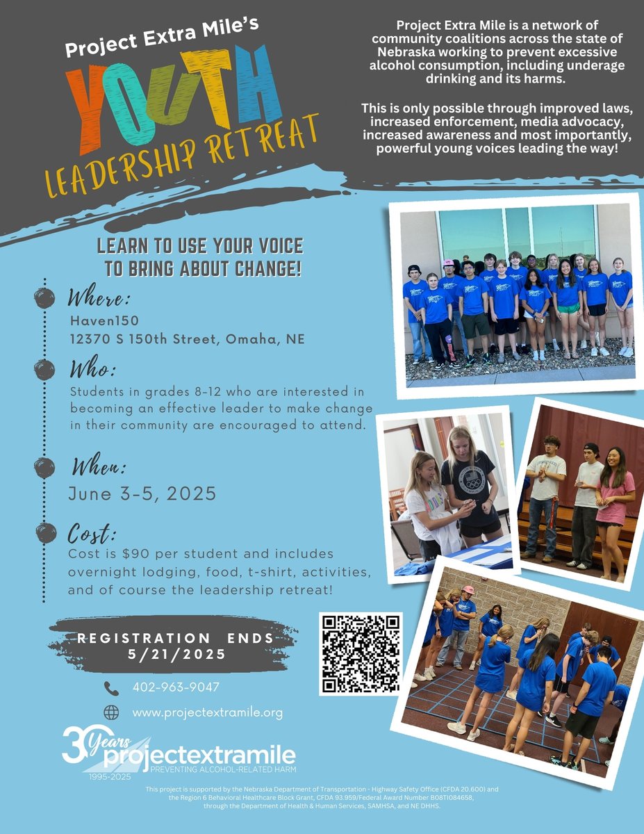Couple hours left to register for our 2025 Youth Leadership Retreat! All students entering grades 8-12 are invited to join us on June 3-5. More information on our website: projectextramile.org/youth/youth-le…