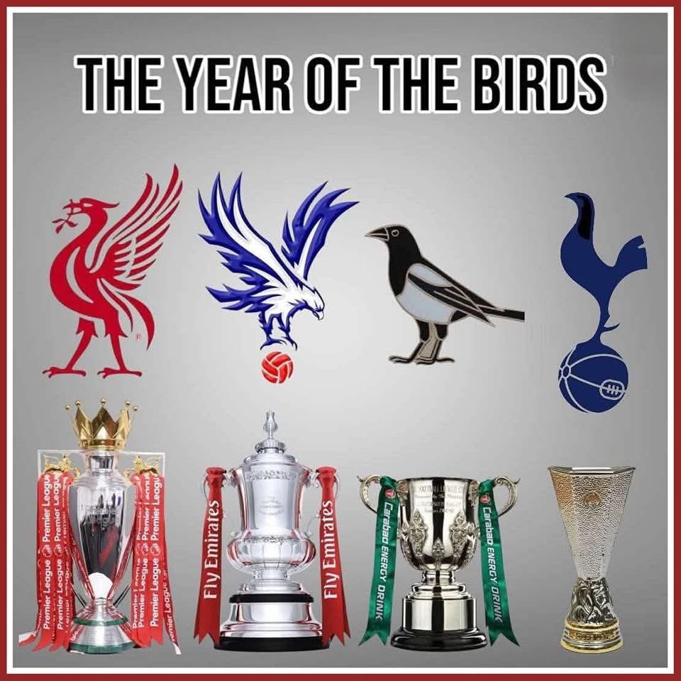 Well done Spurs on completing the year of the birds.

<a href="/LFC/">Liverpool FC</a> <a href="/CPFC/">Crystal Palace F.C.</a> <a href="/NUFC/">Newcastle United</a> <a href="/SpursOfficial/">Tottenham Hotspur</a>