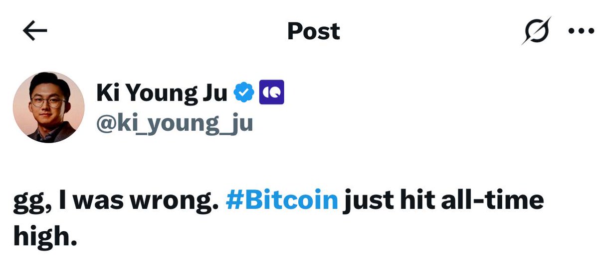 🚨 BREAKING: "Il CEO di CryptoQuant Ki Young Ju ammette di essersi sbagliato: il ciclo rialzista non è finito, Bitcoin tocca un nuovo massimo storico!"