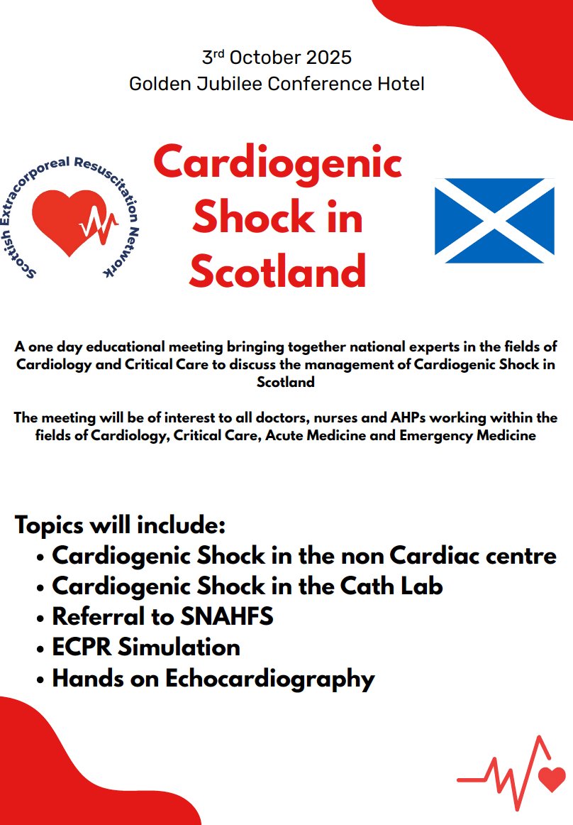 SERNECMO's tweet image. Interested in Cardiogenic Shock in Scotland?
Save the date for our conference October 3rd 2025.
Tickets available soon.