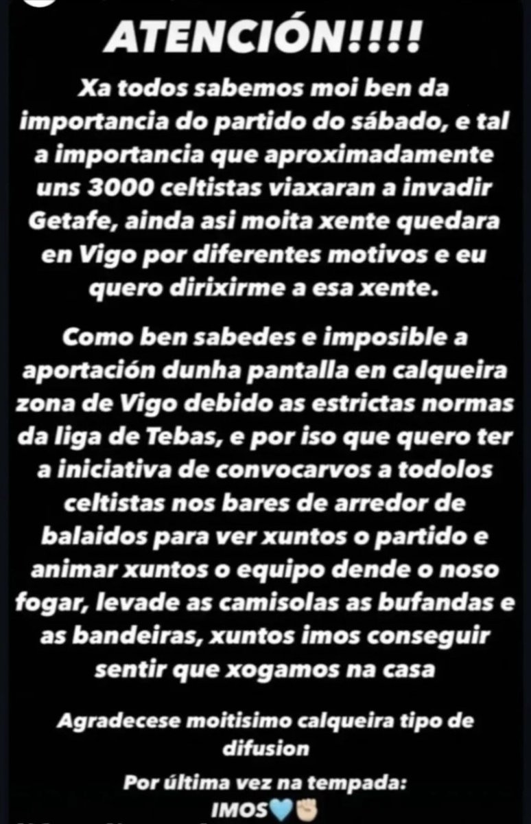 🚨Esta é a proposta de convocatoria que recibimos para todos os celtistas que non poidedes vir a Xetafe: ver xuntos o <a href="/GetafeCF/">Getafe C.F.</a> - <a href="/RCCelta/">Celta</a> deste sábado nos bares do arredor de Balaidos. 

Que vos parece? 
#GetafeCelta
#EuCreoNoCelta
#SoñoConVoltarAEuropa