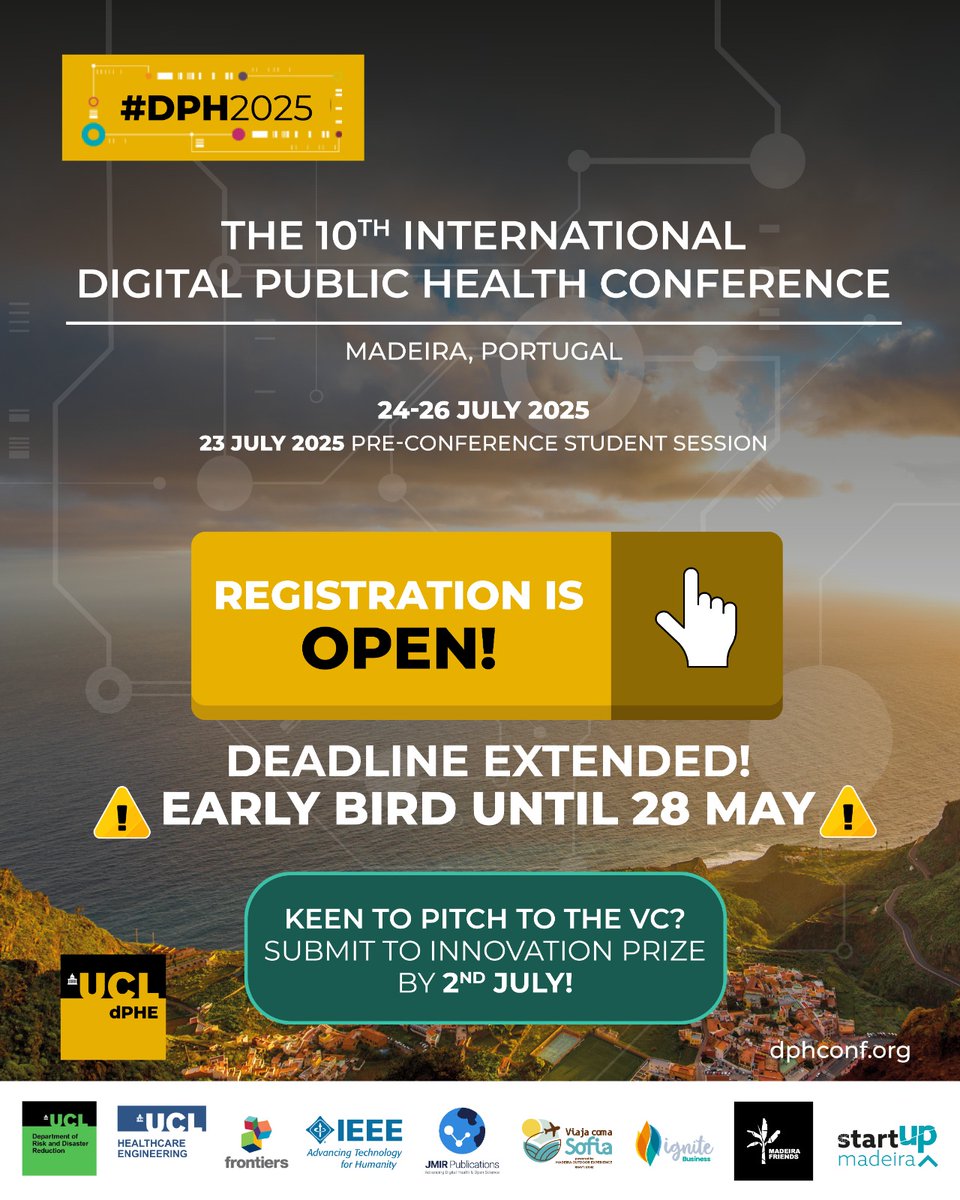 UCL Centre for Digital Public Health in Emergency (@ucl_dphe) on Twitter photo ๐จ Early Bird Deadline Extended!
Register for #DPH2025 โ the 10th Digital Public Health Conference, 24โ26 July in Madeira ๐
๐๏ธ New deadline: ๐ฎ๐ด ๐ ๐ฎ๐
Join global experts and innovators! dphconf.org/attending/regiโฆ dphconf.org/innovators-2/
<a href="/UCLTRO/">UCL Translational Research Office</a> #DigitalHealth #Innovation ๐จ Early Bird Deadline Extended!
Register for #DPH2025 โ the 10th Digital Public Health Conference, 24โ26 July in Madeira ๐
๐๏ธ New deadline: ๐ฎ๐ด ๐ ๐ฎ๐
Join global experts and innovators! dphconf.org/attending/regiโฆ dphconf.org/innovators-2/
<a href="/UCLTRO/">UCL Translational Research Office</a> #DigitalHealth #Innovation