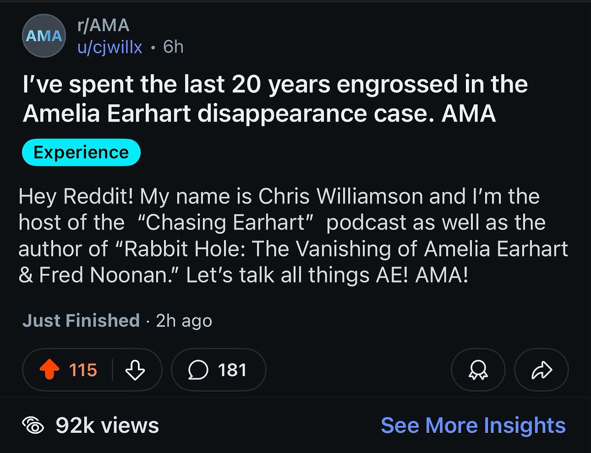 Chris Williamson (@cjwillx) on Twitter photo Spent the better part of the day over on <a href="/Reddit/">Reddit, Inc.</a> doing my very first #RedditAMA on all things Amelia Earhart. What a great turn out! 💪 <a href="/chasingearhart/">Chasing Earhart</a> Spent the better part of the day over on <a href="/Reddit/">Reddit, Inc.</a> doing my very first #RedditAMA on all things Amelia Earhart. What a great turn out! 💪 <a href="/chasingearhart/">Chasing Earhart</a>