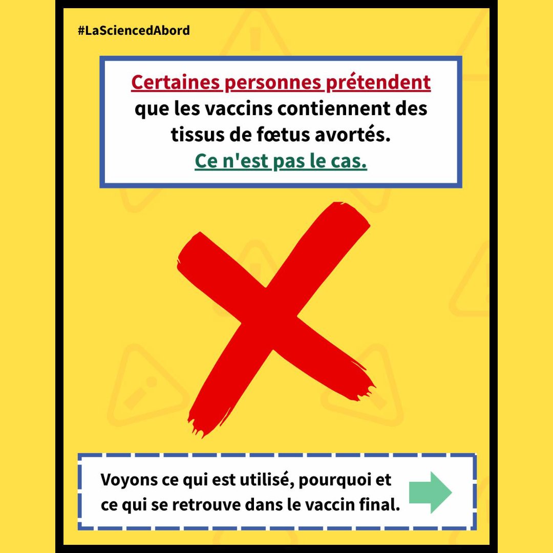 Il est normal d'avoir des questions au sujet des vaccins, mais les décisions doivent être fondées sur des faits et non sur des informations erronées.

Le vaccin final est un produit purifié qui ne contient aucune cellule fœtale.

Pour en savoir plus 👉 
scienceupfirst.com/vaccins/les-va…