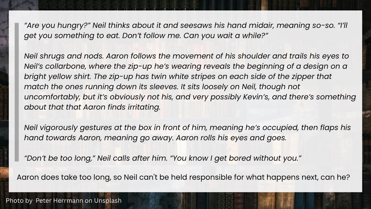 BOOKS &amp; CRANNIES
A magical bookstore AU • Aaron/Neil • 10.3k • Rated T • by neiljokesten (vykio) • for kittkatattack • aftg spring exchange 2025 #aaronneil

Read here 🔗 archiveofourown.org/collections/AF…
