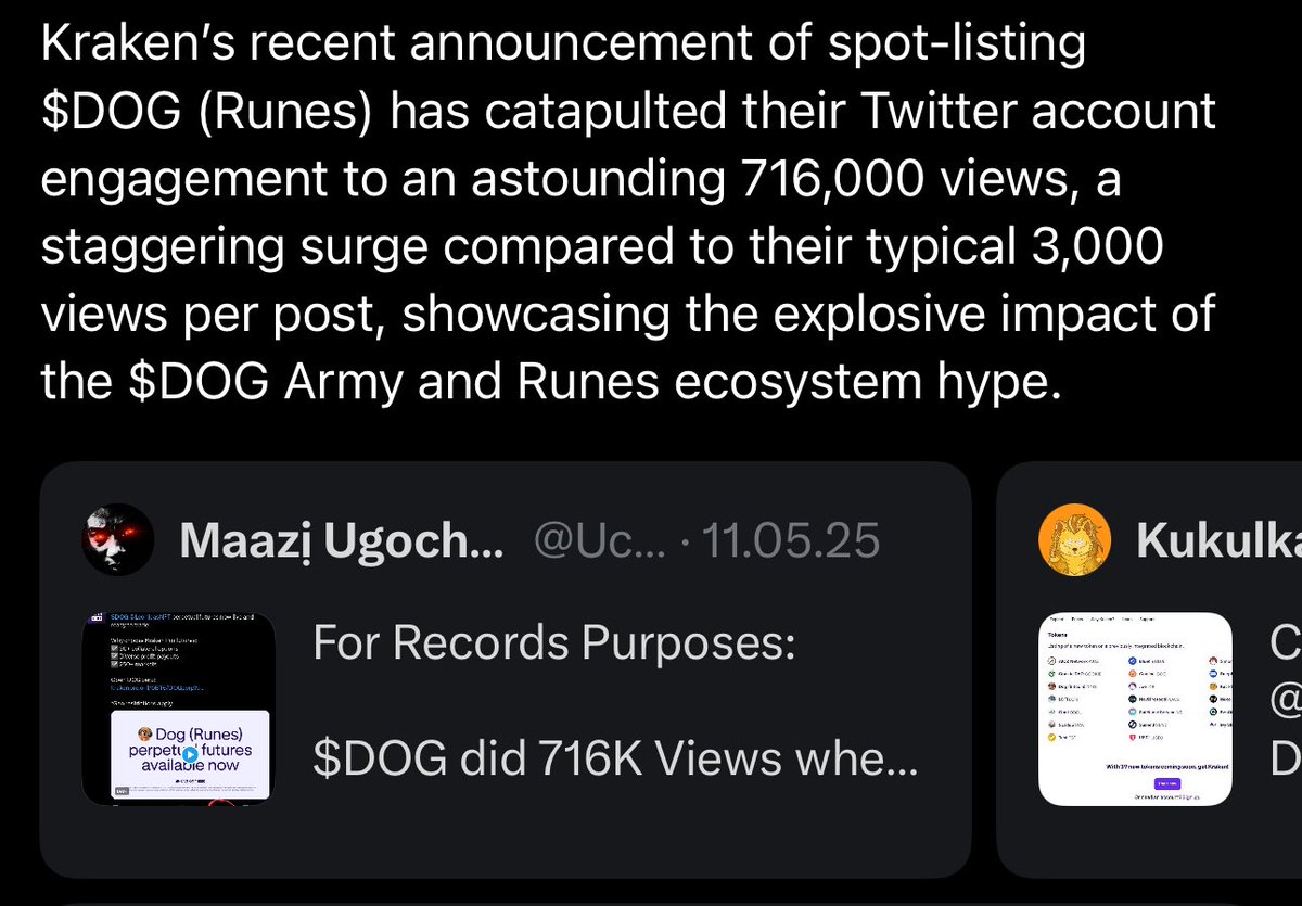the untapped potential of simply having outsiders or cross-chain users talk about Runes is a massive win-win.

take <a href="/krakenfx/">Kraken Exchange</a>, f.e. - they hit engagement levels they hadn’t seen in a looong time, just by posting about Runes and $DOG.

CEXs, DEXs &amp; KOLs have a huge attention power