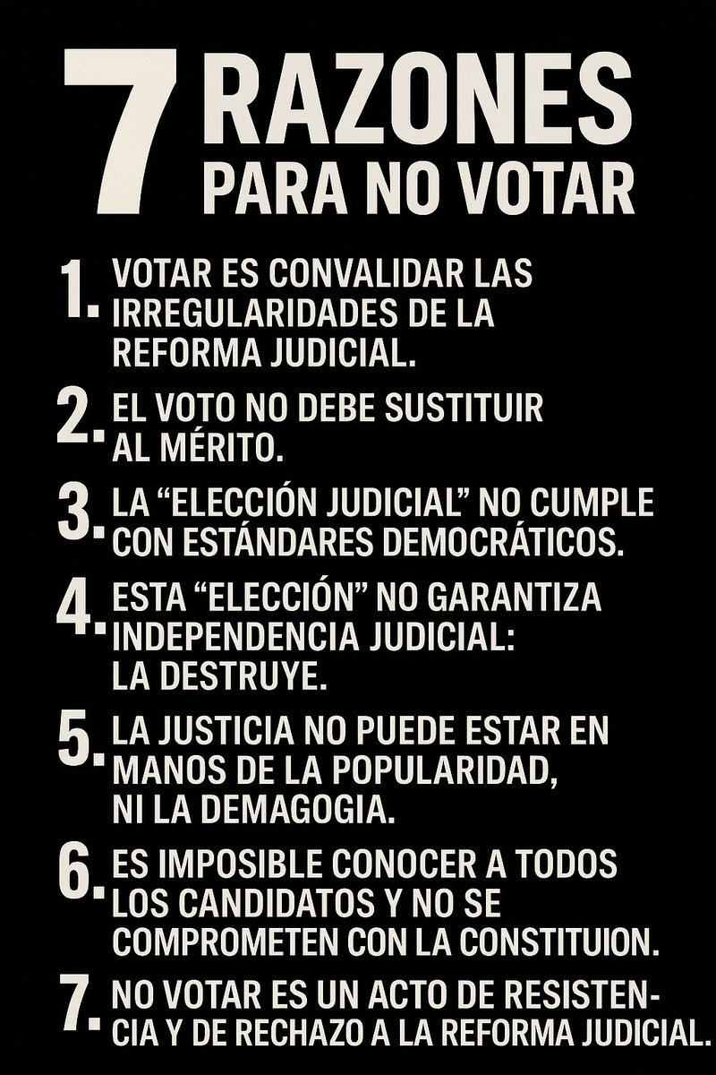 JACrespo1's tweet photo. No se requiere de mucha información ni demasiado sentido lógico para entender el verdadero objetivo de la elección judicial; someter ese poder al Ejecutivo. 
    Sólo quienes no tienen información mínima ni algo de sentido lógico creen que esa elección arrojará jueces y ministros impolutos, que nos hará la mejor democracia del mundo, que habrá una clara y contundente imparcialidad y rendición de cuentas de esos funcionarios (que no representantes del pueblo, pues esa no es su función). 
Son muchos, pero no son todos. Veremos cuántos van (y de ahí, descontar a los acarreados pues irán por razones distintas, no por convicción de las presuntas bondades de esta farsa).