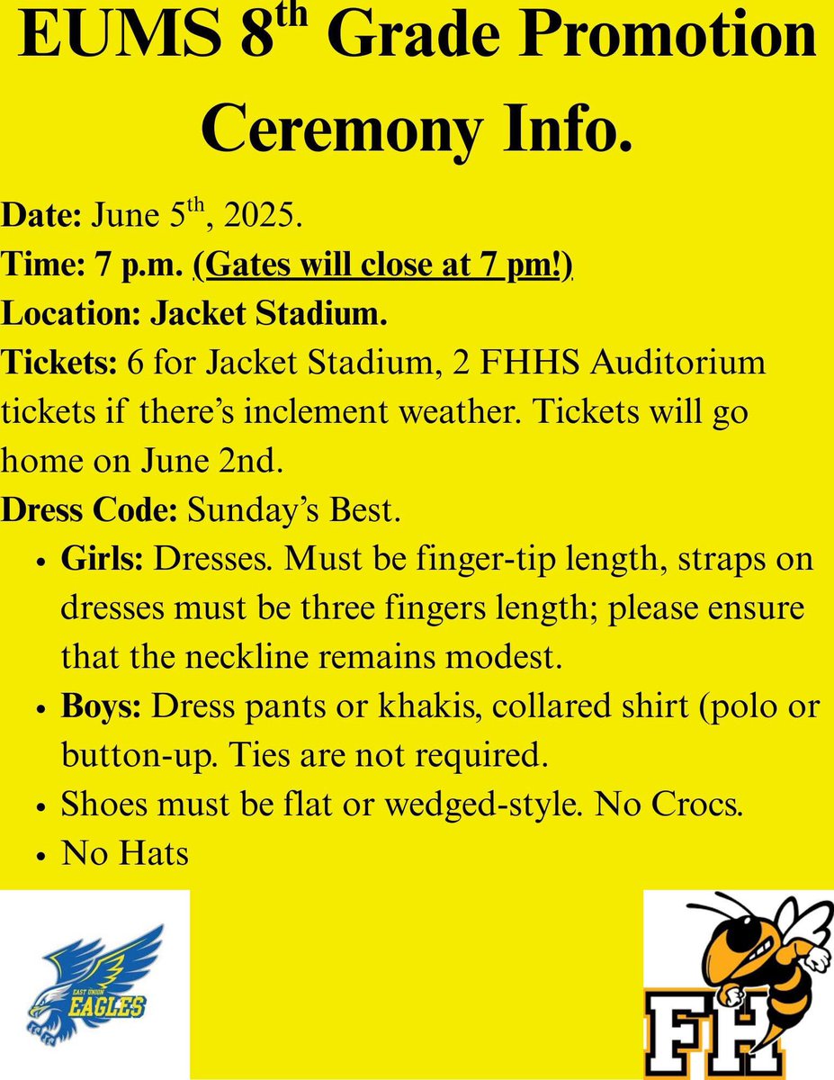 East Union Middle School (@eastunionmsnc) on Twitter photo 8th Grade families. The EUMS 8th Grade Promotion Ceremony will be on Thursday, June 5th, at 7 p.m. Gates will close at 7 p.m. No exceptions.
Almost there!
@ucpsnc <a href="/AGHoulihan/">Andrew G. Houlihan</a> <a href="/BashawnHarris/">Bashawn Harris</a> 8th Grade families. The EUMS 8th Grade Promotion Ceremony will be on Thursday, June 5th, at 7 p.m. Gates will close at 7 p.m. No exceptions.
Almost there!
@ucpsnc <a href="/AGHoulihan/">Andrew G. Houlihan</a> <a href="/BashawnHarris/">Bashawn Harris</a>