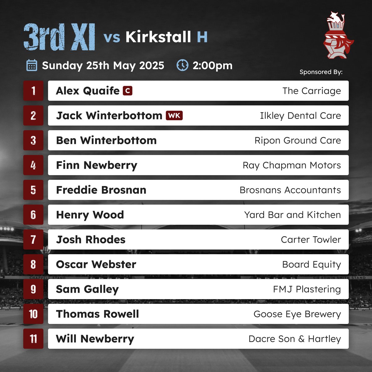 Ilkley Cricket Club (@ilkleycc) on Twitter photo 📣 TEAMS ANNOUNCED 📣
Saturday 24th May | 12:30pm
1st XI vs <a href="/follifootcc/">Follifoot Cricket Club</a>
2nd XI vs <a href="/AlwoodleyCC/">Alwoodley CC</a>
Sunday 25th May | 2:00pm
3rd XI vs <a href="/KECC1853/">KECC</a> 📣 TEAMS ANNOUNCED 📣
Saturday 24th May | 12:30pm
1st XI vs <a href="/follifootcc/">Follifoot Cricket Club</a>
2nd XI vs <a href="/AlwoodleyCC/">Alwoodley CC</a>
Sunday 25th May | 2:00pm
3rd XI vs <a href="/KECC1853/">KECC</a>