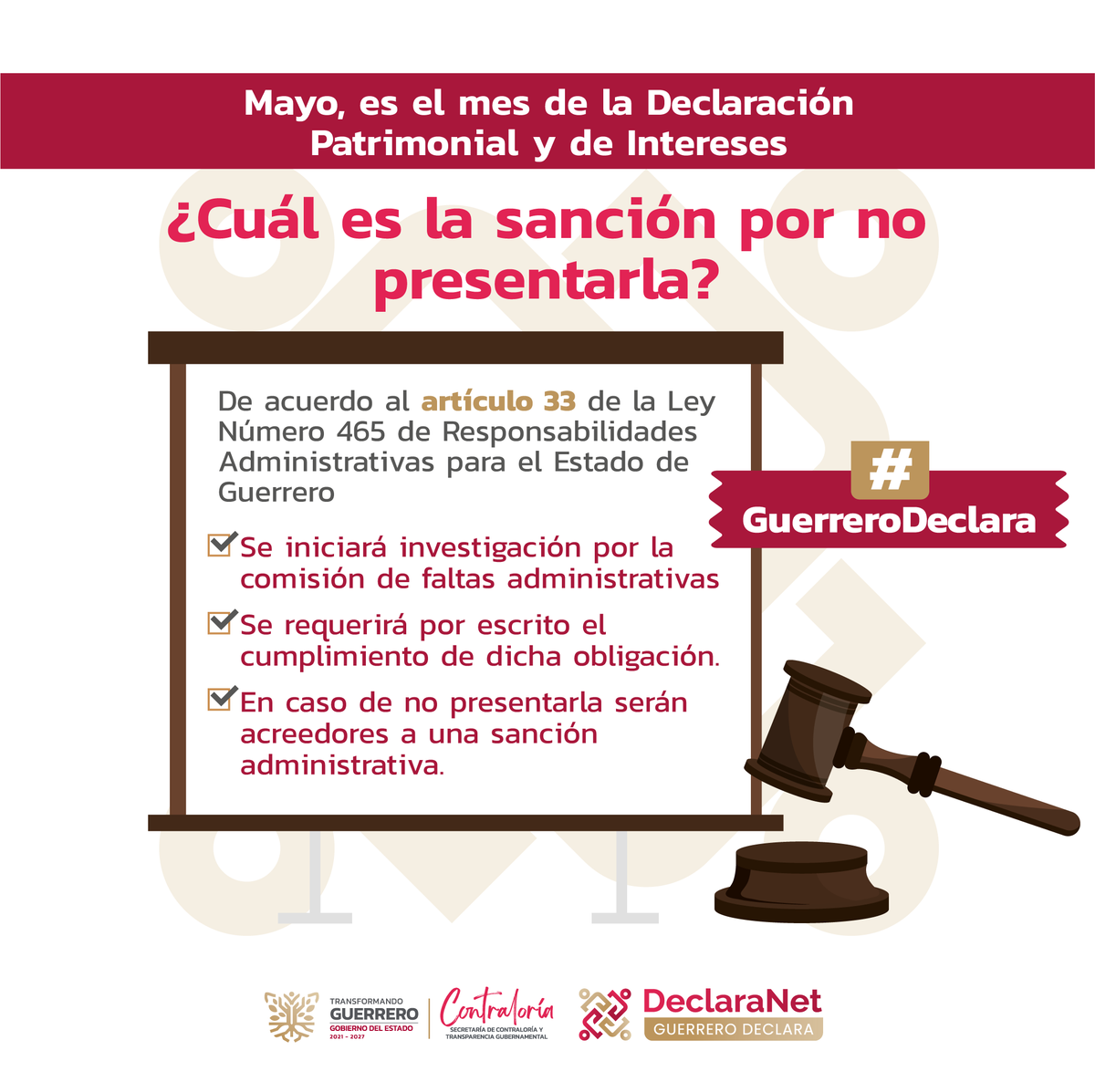 SGG_Gro's tweet photo. #QueNoTePase
Servidora y servidor público, estas son las sanciones que pueden aplicarse en caso de no presentar tu Declaración Patrimonial y de Intereses.
¡Mucho ojo!
#GuerreroDeclara https://t.co/jTuGnxRVXT