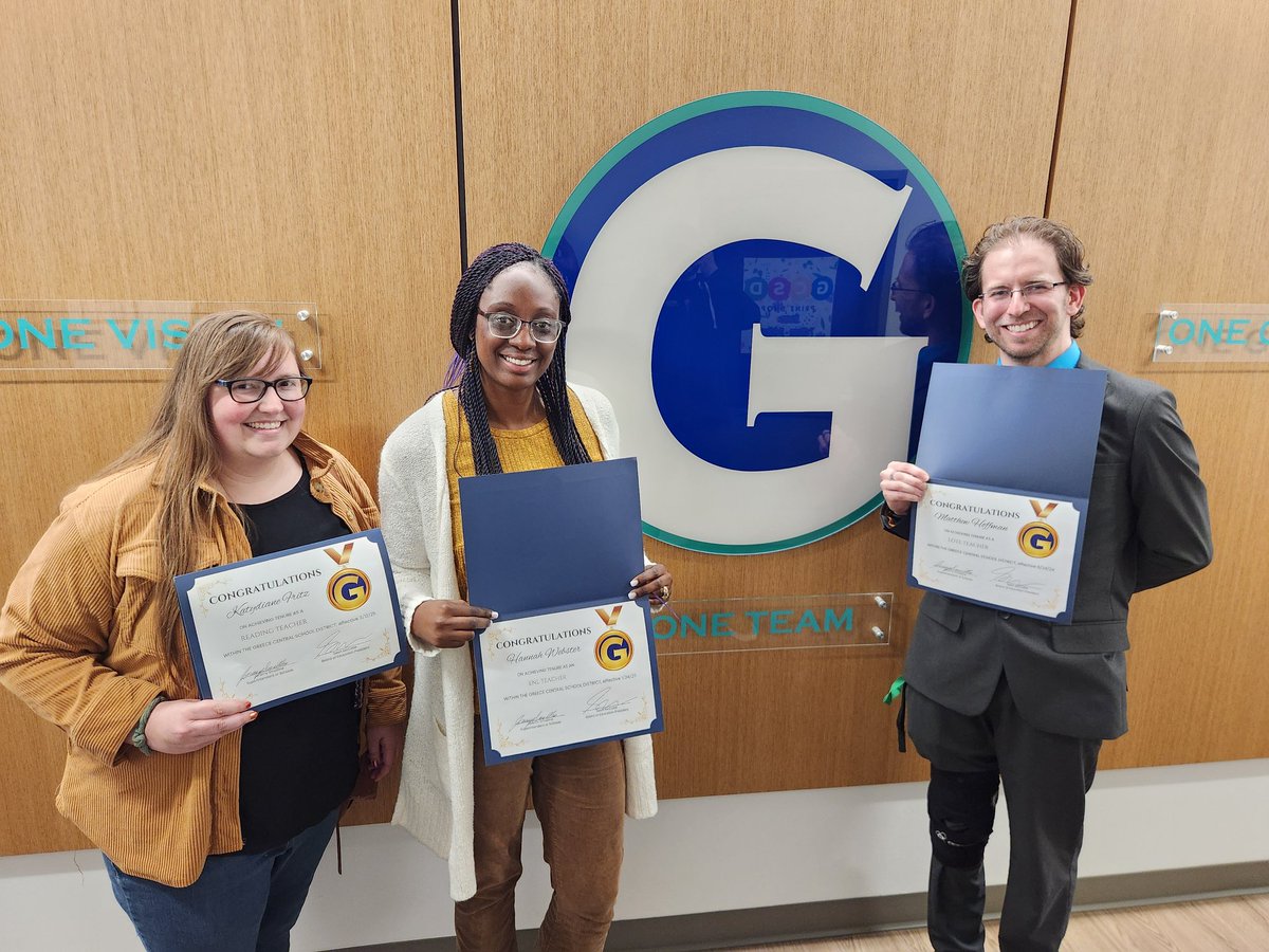 GreeceOlympia's tweet photo. Congratulations to Mrs. Fritz, Mr. Hoffman, and Mrs. Webster for earning tenure! They were recognized at tonight's district celebration. We are excited for what you've accomplished thus far and what you will achieve in the future. #GreatThingsHappenAtOLY #WeAreOlympia https://t.co/QWC2F2lqaA