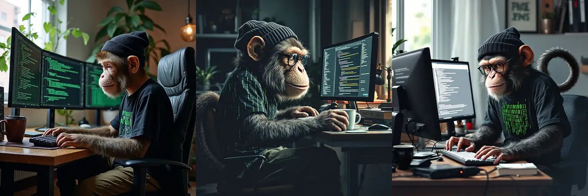 BevTaylors's tweet image. Cool prompt: Thoughtful, hipster teen monkey coder, serious, in a binary tee, cargo pants, urban beanie. At dual monitors, typing code intently; tail wraps coffee mug, surrounded by tech.
#AIart #MonkeyCoder #ProgrammerLife