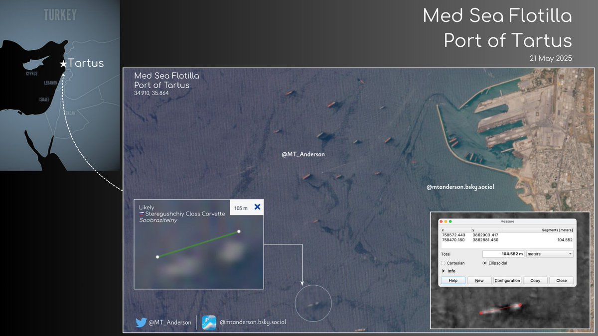 🇷🇺Med Sea Flotilla🇷🇺
It appears that Steregushchiy Class Soobrazitelny (caveats apply on the ID) paid a visit to Tartus and may have even visited the piers (based on the pattern on the surface)

She looks to be stopped in the anchorage. It will be interesting where she goes next